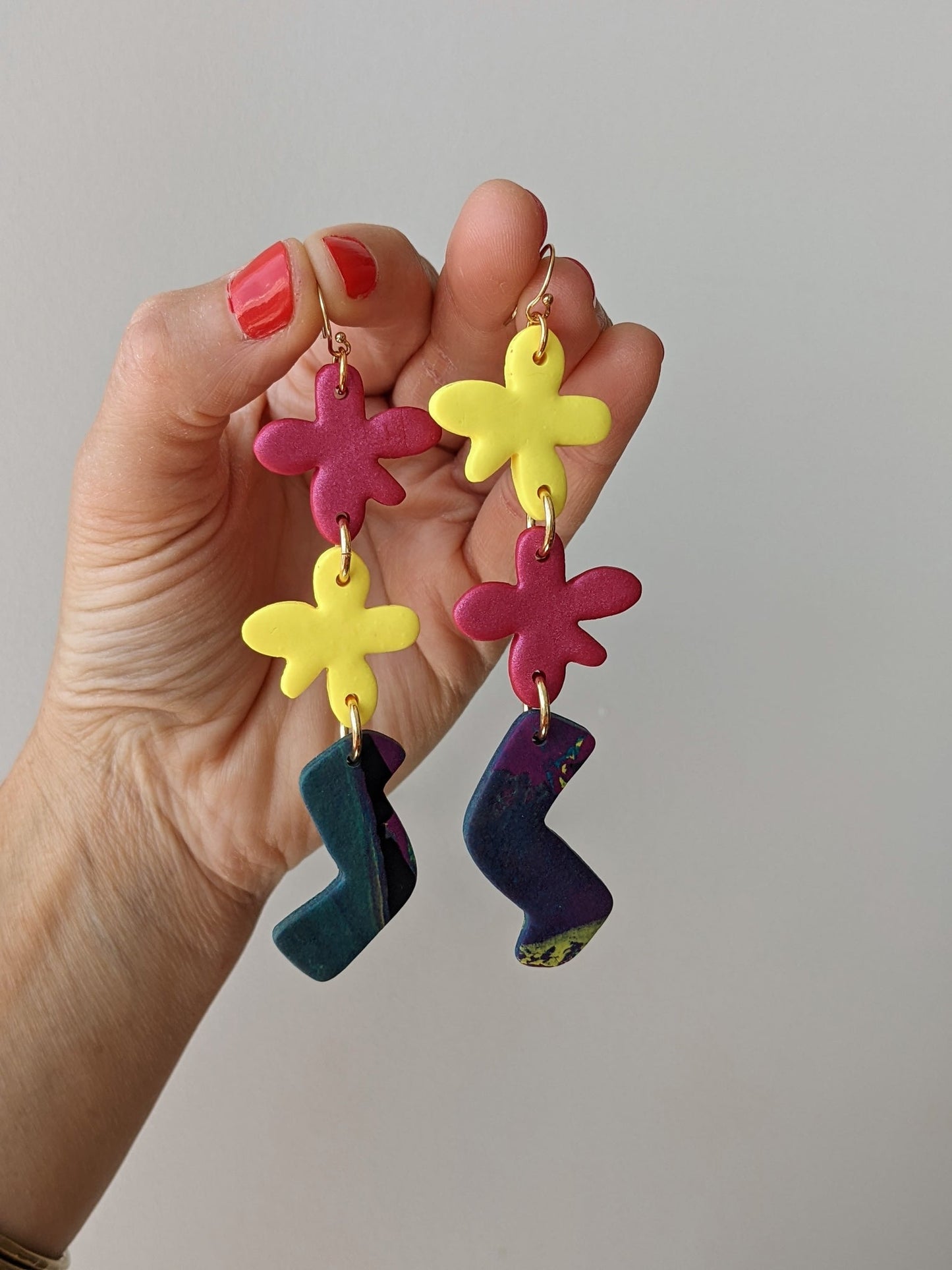 Little Wonky Flower Strand Earrings- Shimmery Pink + Yellow
